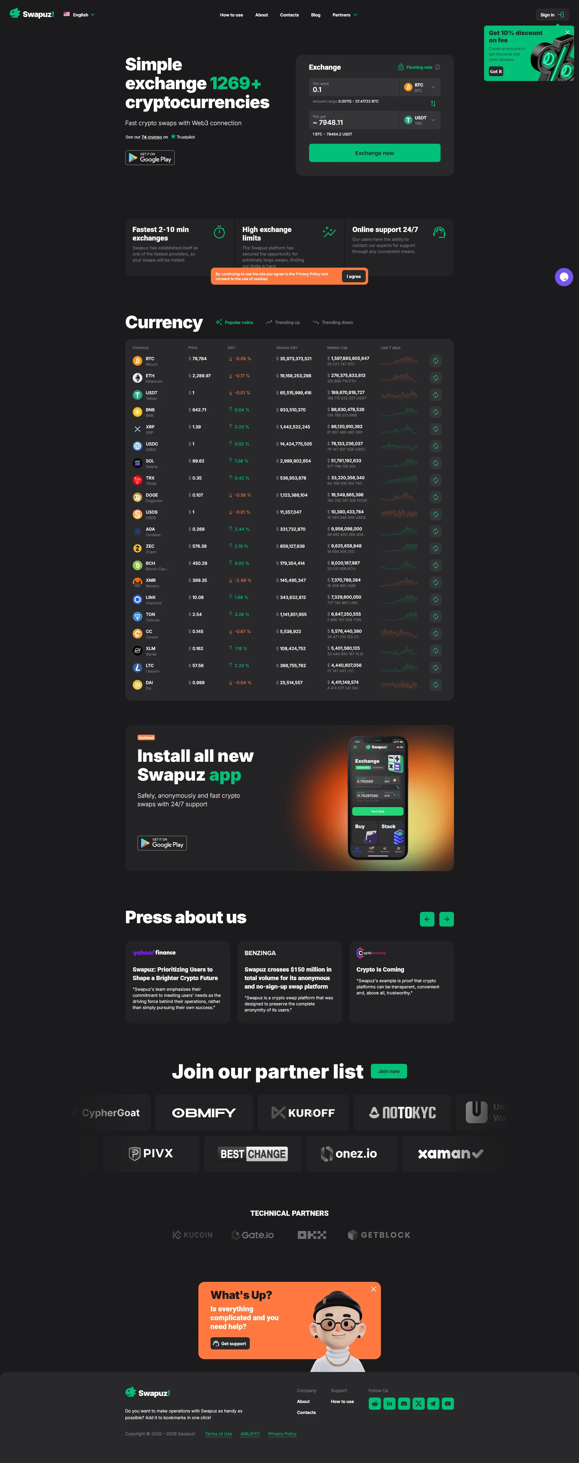 Прев'ю сайту Swapuz — платформа миттєвого обміну криптовалют